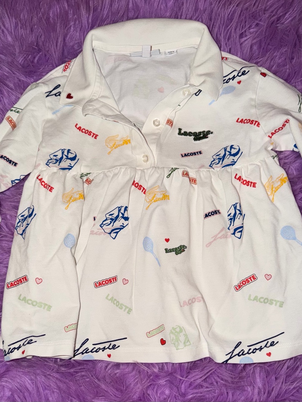 Lacoste White Polo Baby doll collared shirt with Multicolor Logo Accents